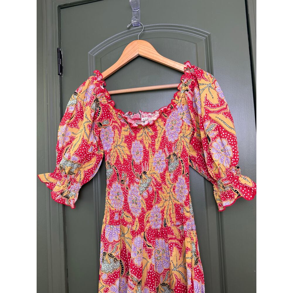EUC Rhode Resort Eva Smocked Floral Puff Sleeve Maxi Cotton Red Dress Size Small - Picture 2 of 8